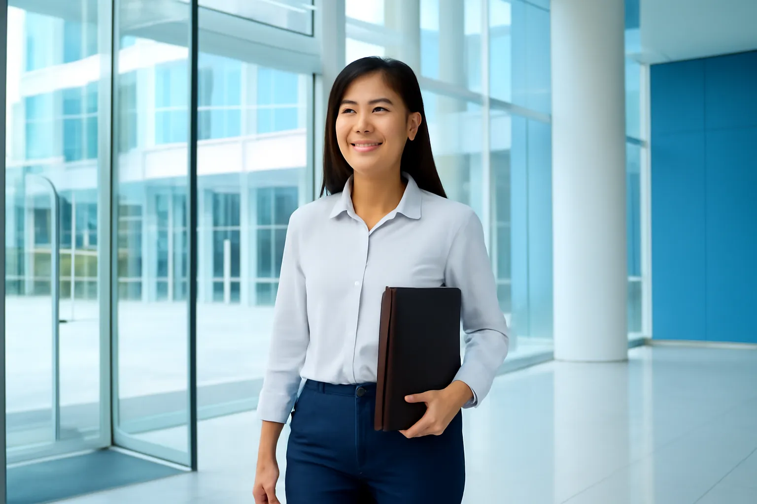 Cô nhân viên kinh doanh bước vào sảnh công ty kính sáng sủa