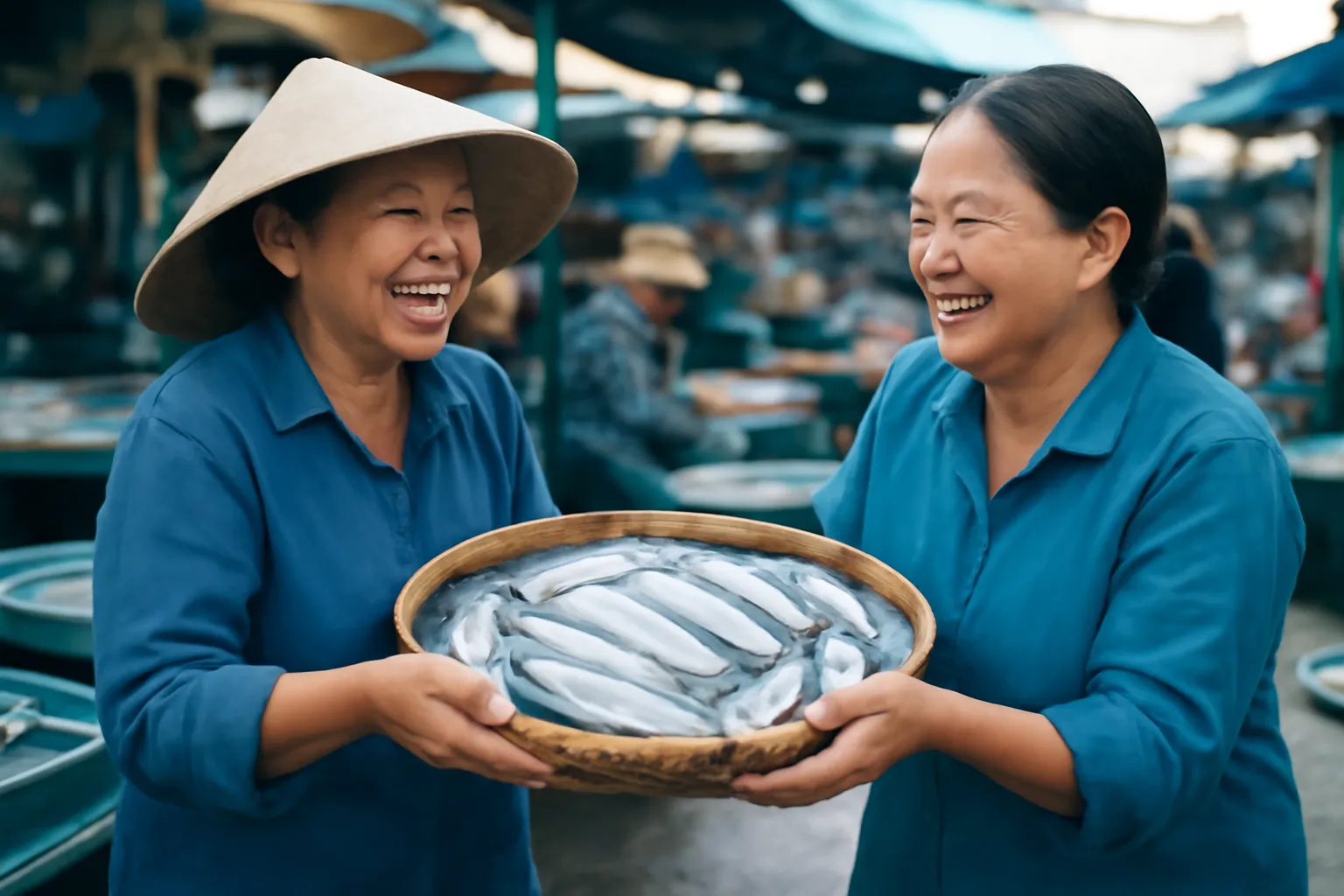 Hai bà buôn cá cười nói trao nhau rổ hàng ở chợ sáng sớm