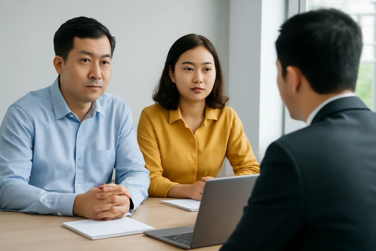 Hai người mua hàng ngồi bàn họp nhỏ nghe người bán trình bày