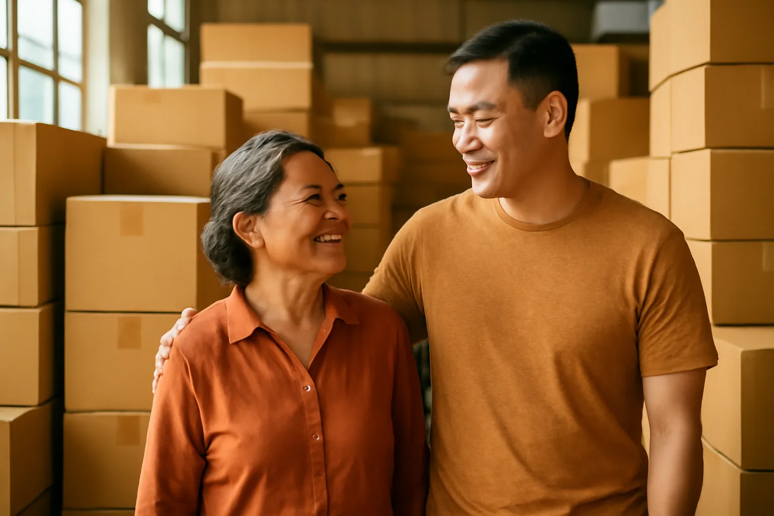 Mẹ và con trai đứng giữa kho hàng gia đình nhìn nhau cười
