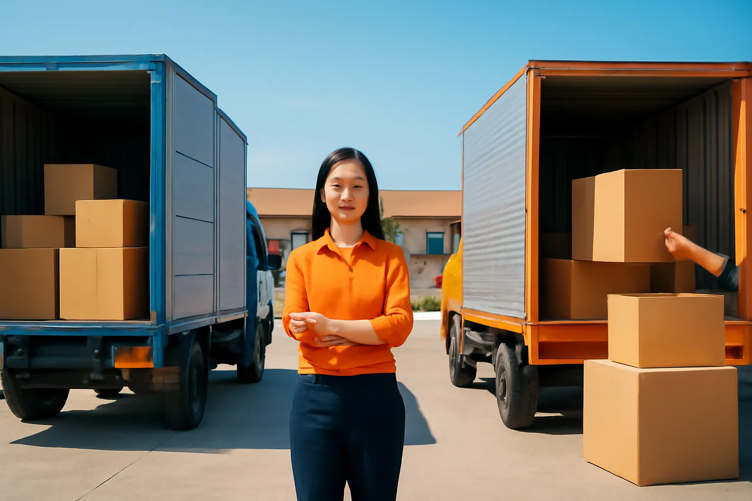 Chị chủ kho đứng giữa hai xe tải, một xe nhập hàng một xe xuất hàng