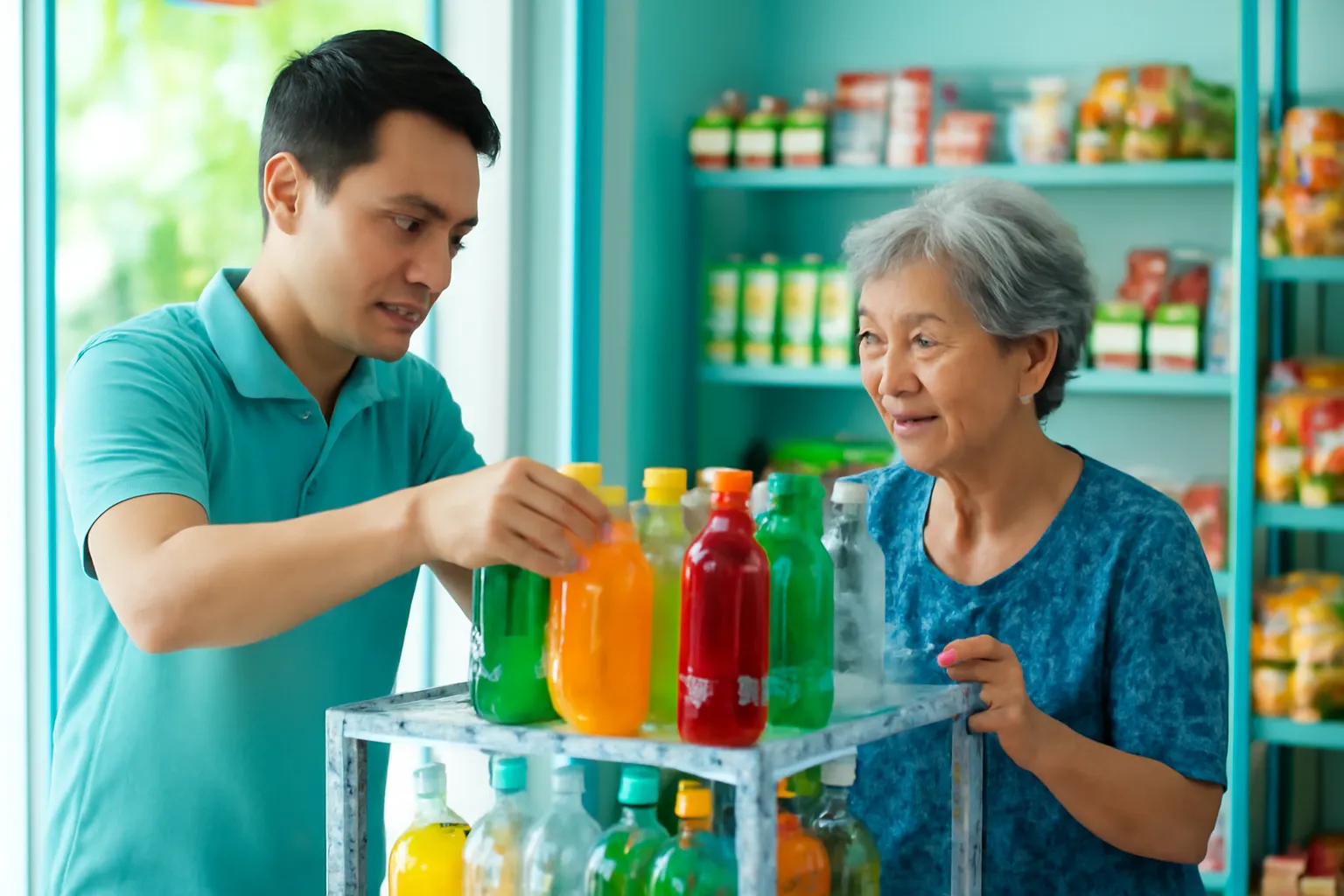 Nhân viên sắp lại kệ nước giải khát cùng bà chủ tiệm tạp hoá