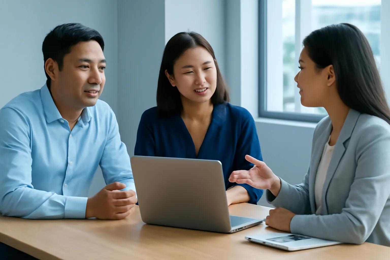 Hai bên trao đổi quanh bàn họp nhỏ, máy tính xách tay quay đi