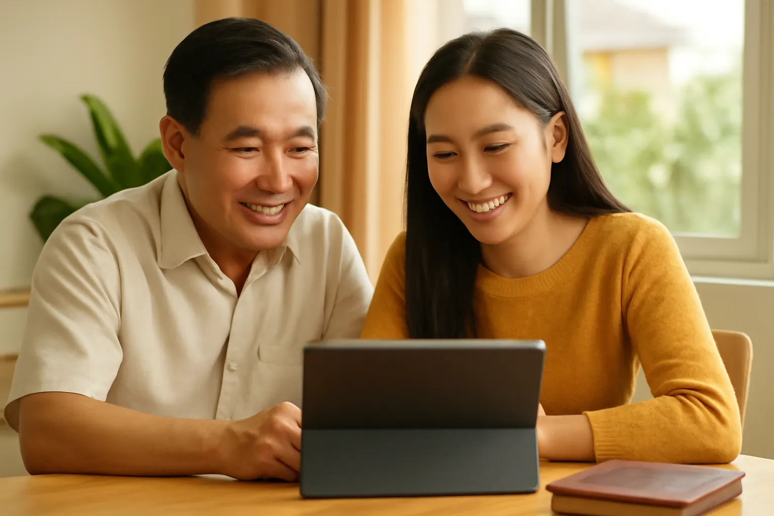 Người cha và con gái ngồi bàn bên máy tính bảng và cuốn sổ cũ