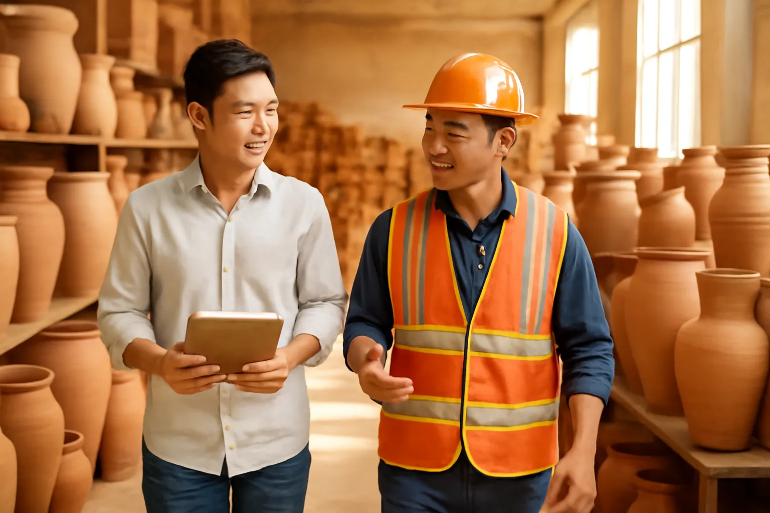 Anh thanh niên cầm sổ đi cùng quản đốc qua xưởng gốm đầy sản phẩm
