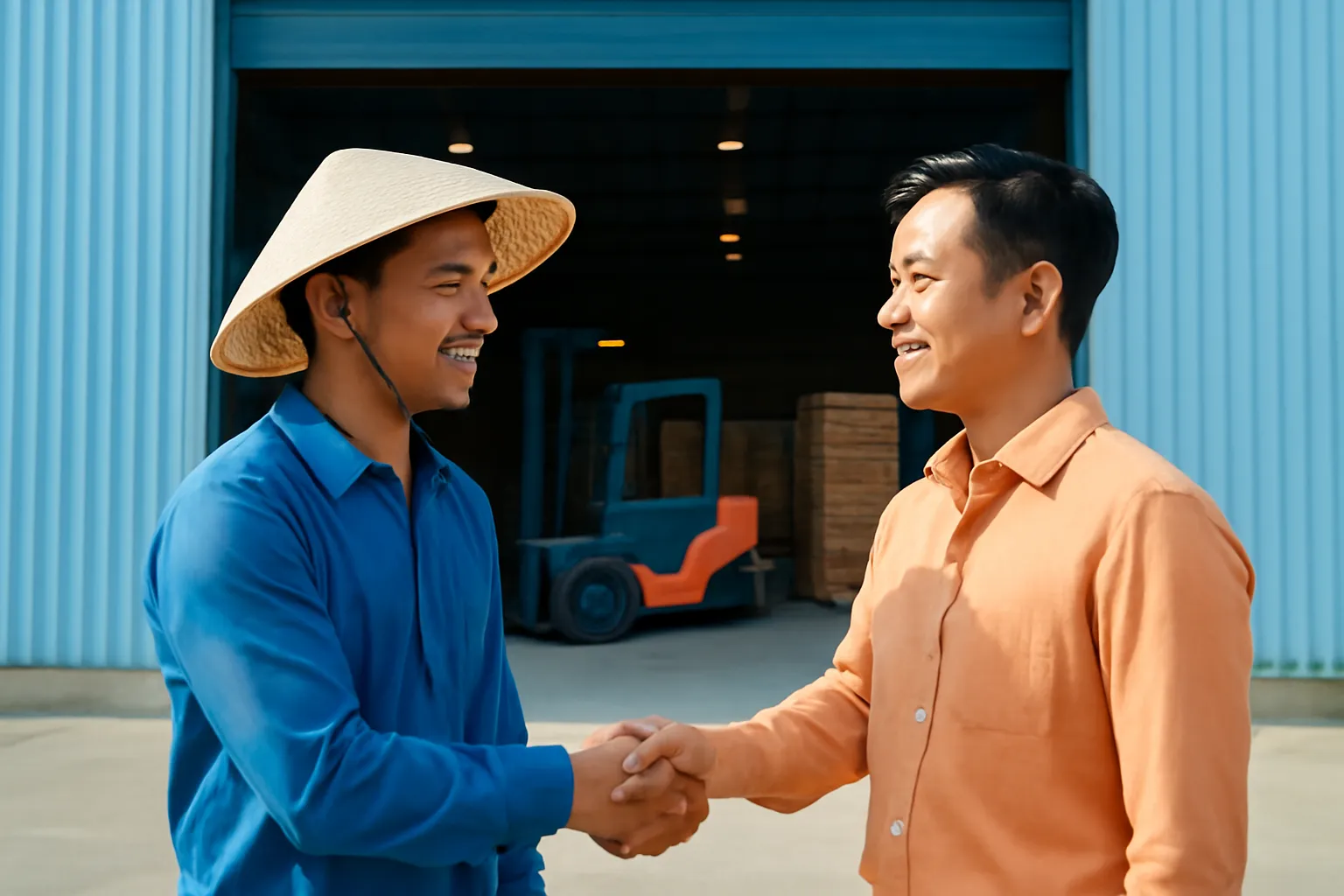 Hai người bắt tay trước cửa kho mở rộng, xe nâng hàng phía sau