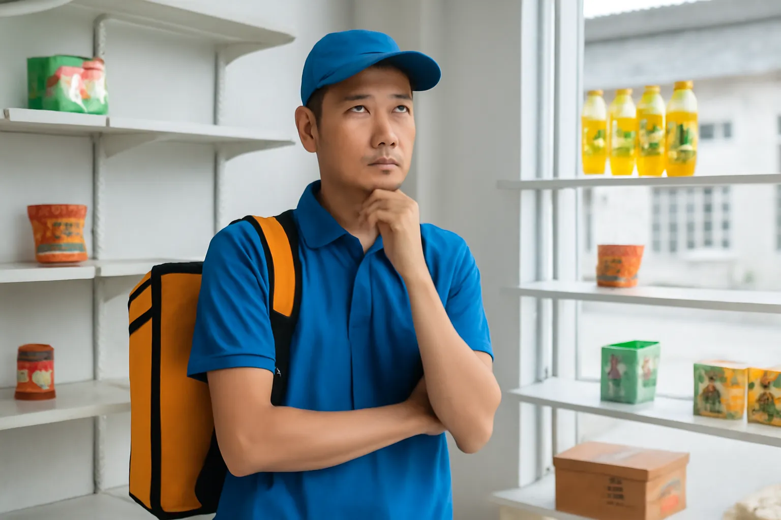 Kệ tiệm tạp hoá thưa hàng, người giao hàng đứng nhìn trầm ngâm