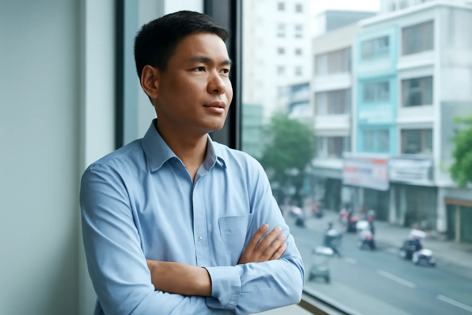 Chủ doanh nghiệp nhỏ đứng bên cửa sổ văn phòng nhìn ra phố
