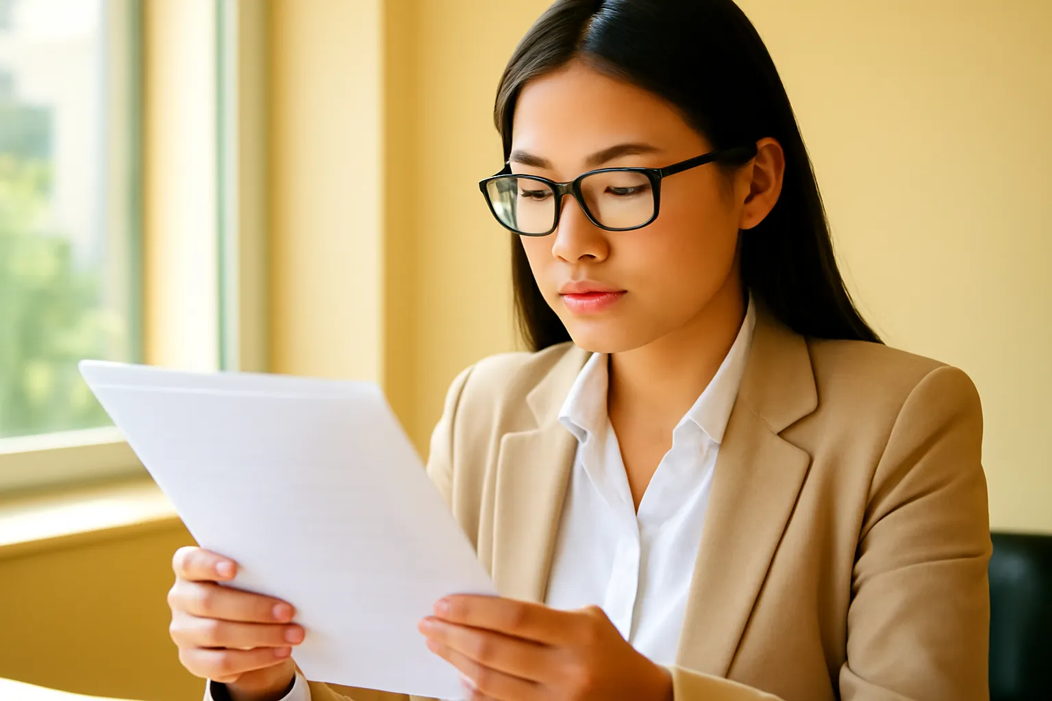 Người phụ nữ đeo kính đọc tập giấy bên cửa sổ đầy nắng