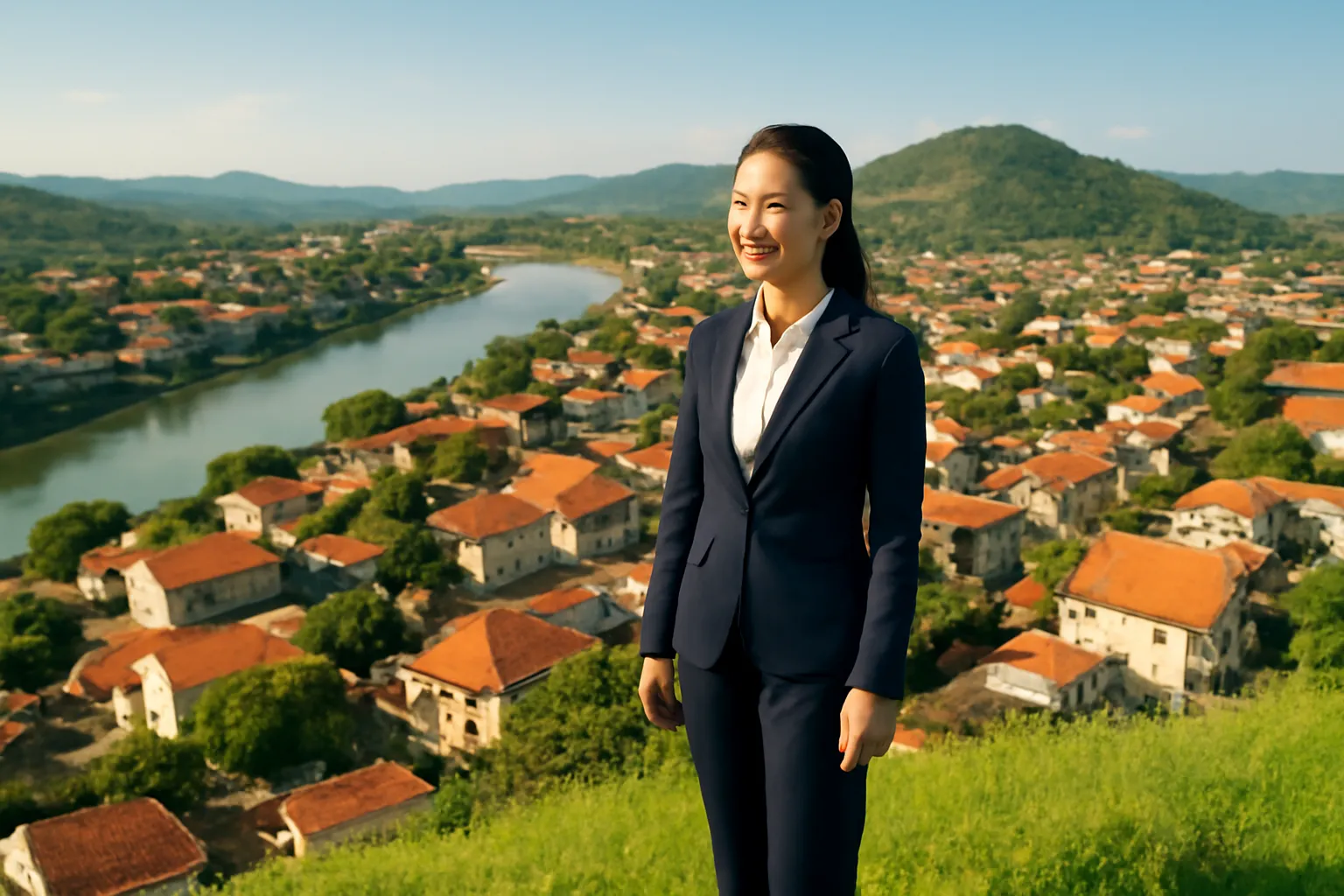 Chị nhà phân phối đứng trên đồi nhìn xuống một thị trấn tỉnh lẻ
