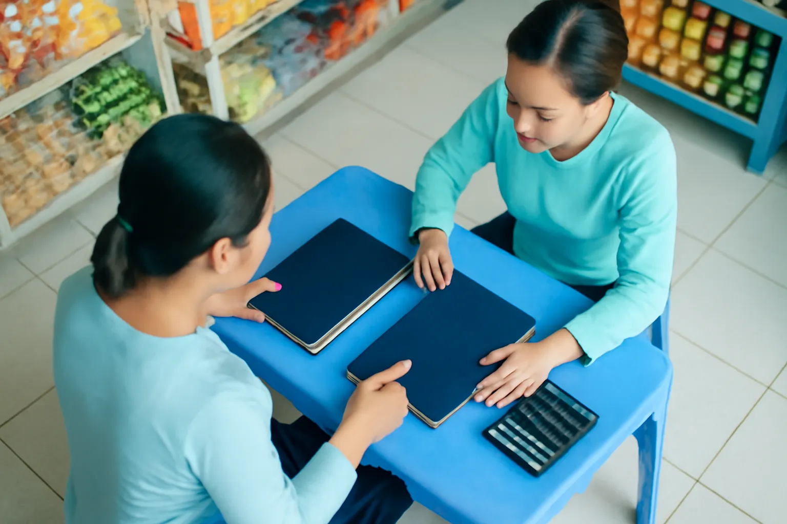 Hai người phụ nữ ngồi đối diện so hai cuốn sổ trên bàn nhựa