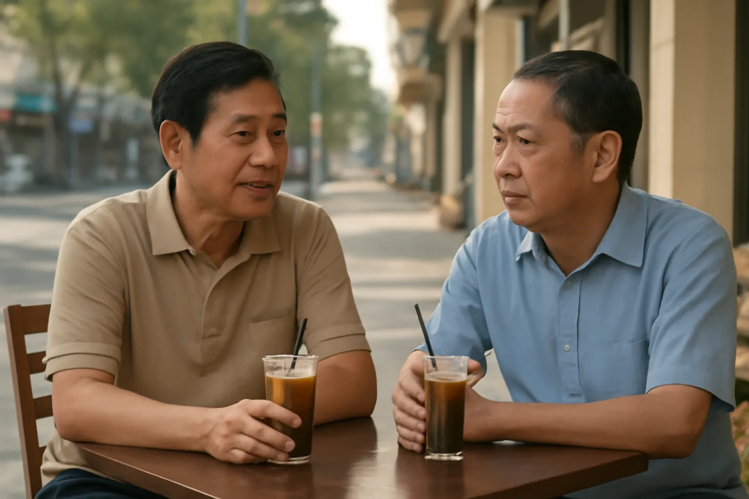 Hai người đàn ông ngồi quán cà phê sáng sớm nói chuyện nhẹ nhàng