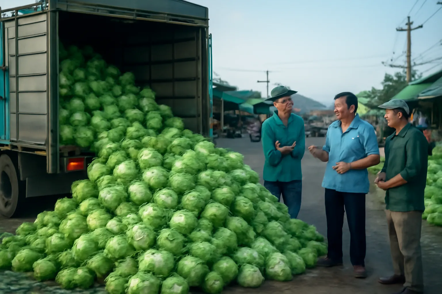 Xe tải chở bắp cải đổ hàng, người buôn đứng trả giá lúc tinh mơ
