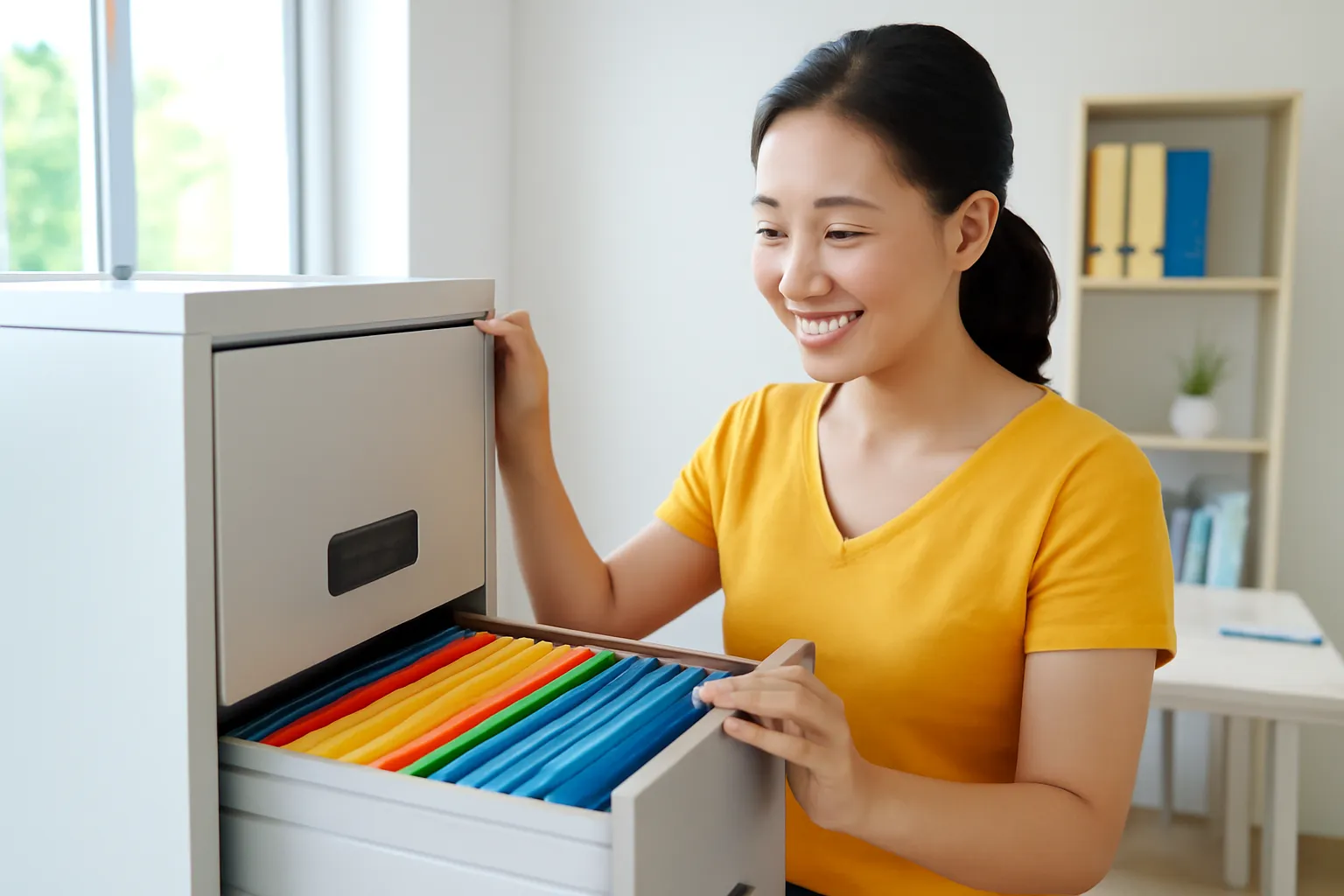 Chị chủ kho mở tủ hồ sơ ngăn nắp với những bìa trơn nhiều màu
