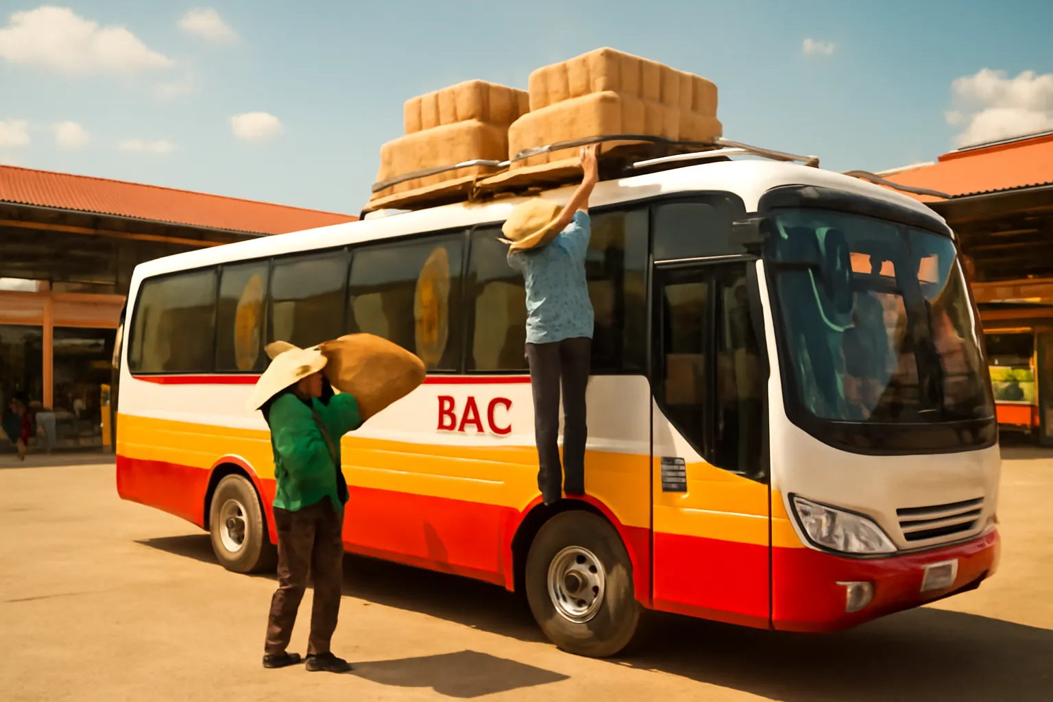 Người bốc xếp chất kiện hàng lên nóc xe khách tại bến xe buổi trưa
