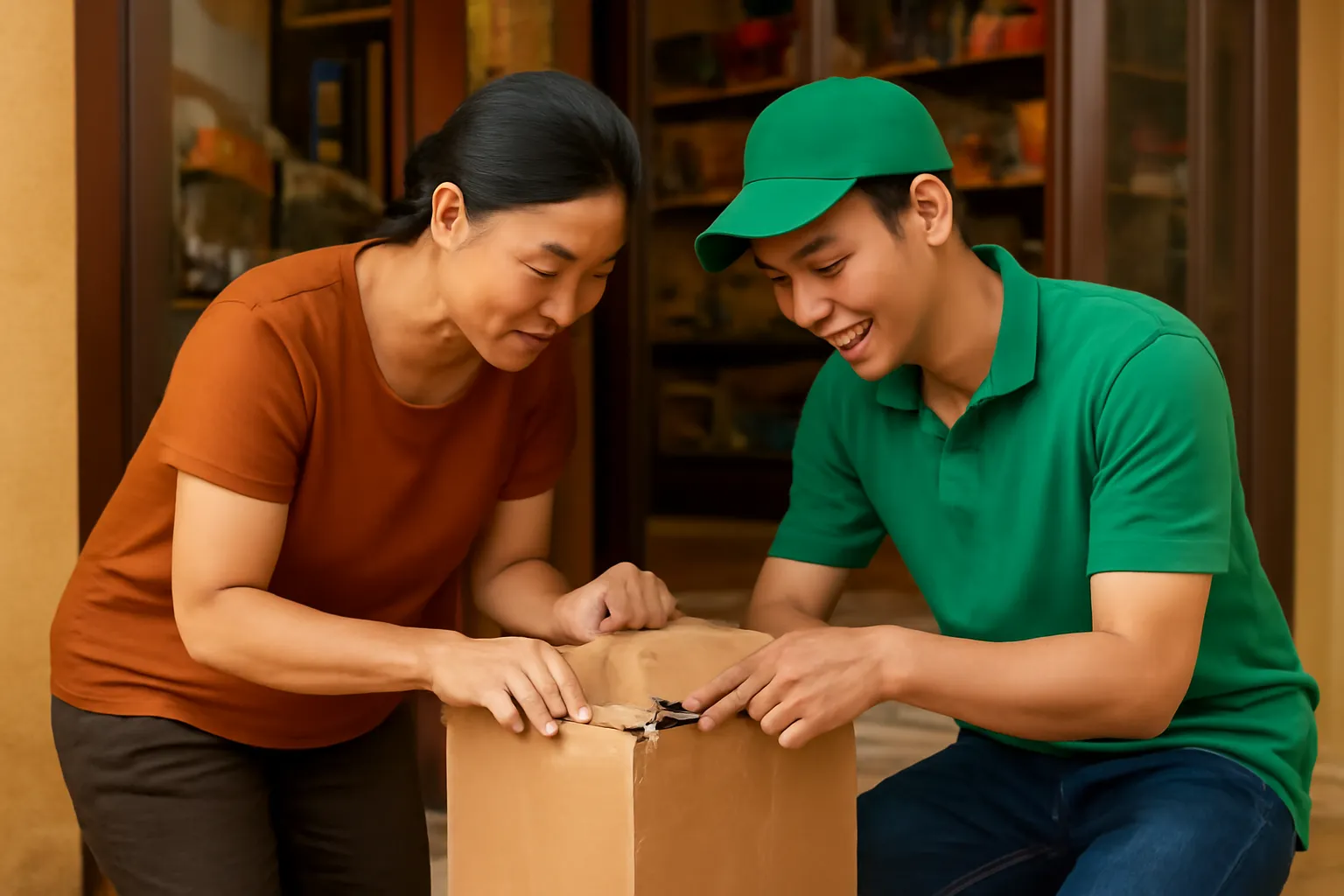 Chủ tiệm và tài xế cùng cúi xem một thùng hàng bị móp trước cửa tiệm
