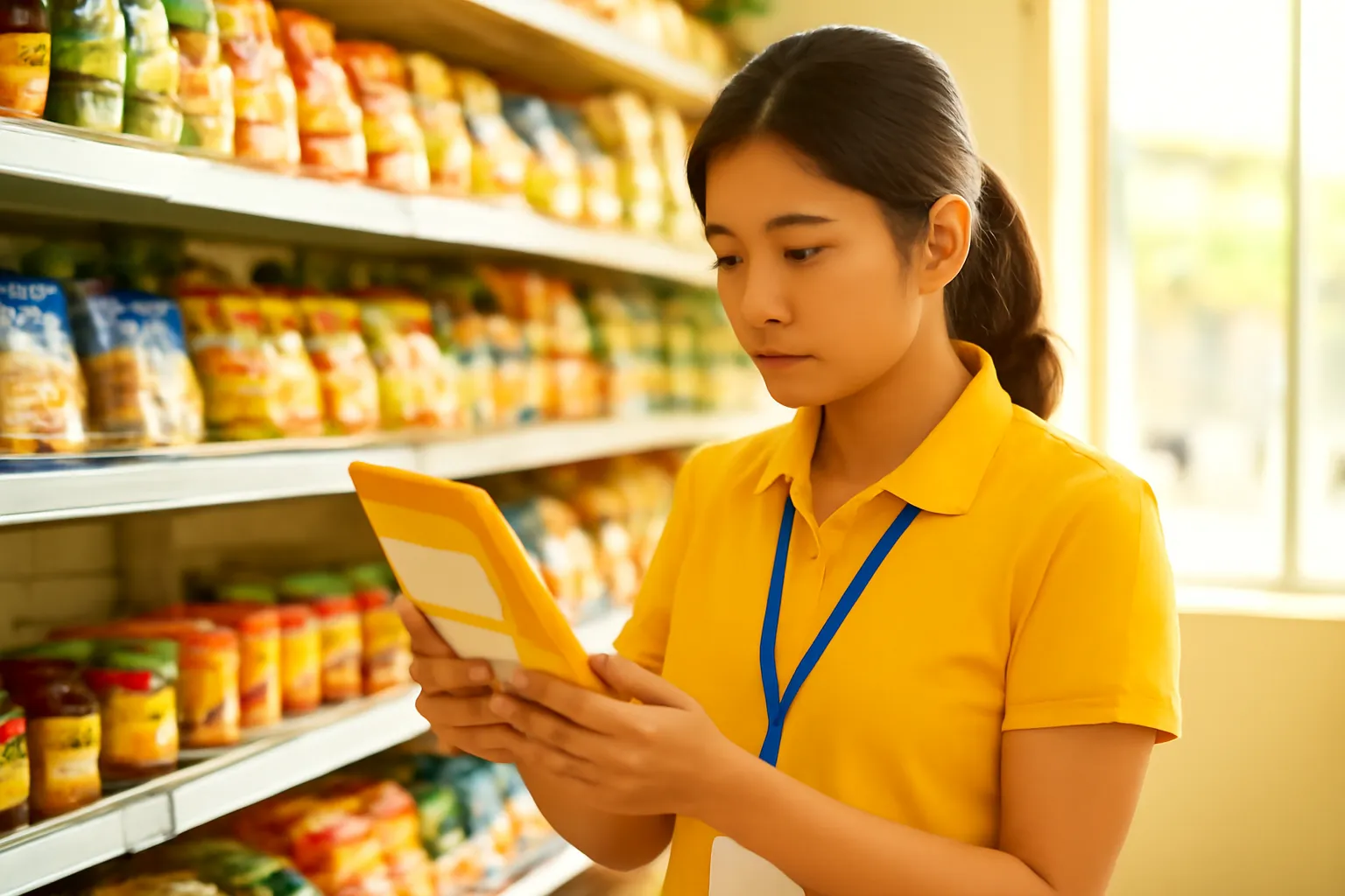 Nhân viên thị trường đứng trước kệ tiệm tạp hoá, cầm sản phẩm quay đi