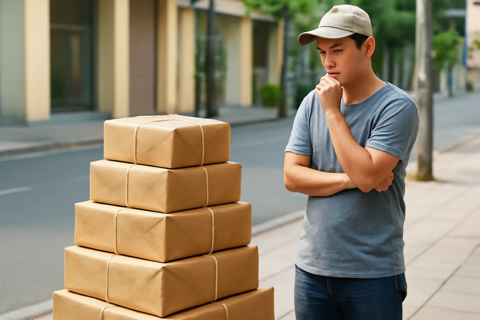 Đống kiện hàng buộc dây trên vỉa hè, người đàn ông đứng cân nhắc