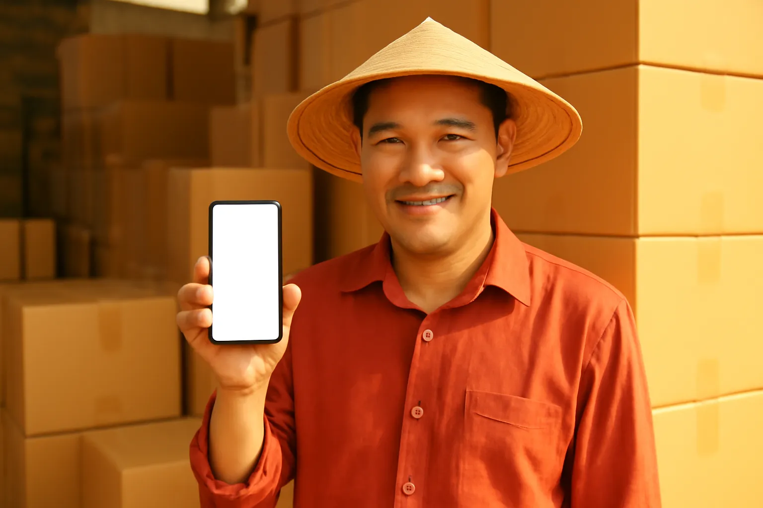 Chủ kho đứng giữa những chồng hàng cầm điện thoại màn hình trống