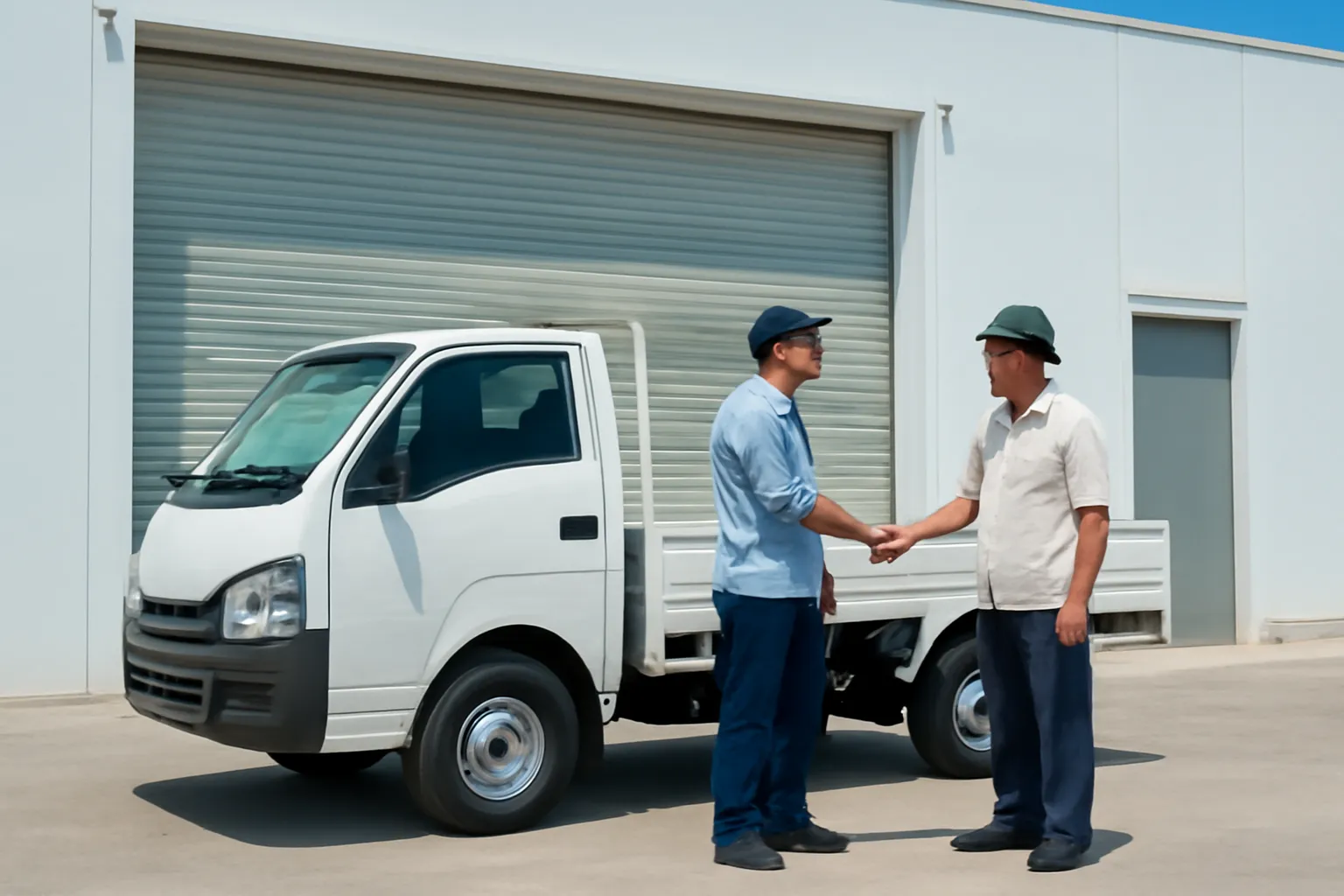 Xe tải nhỏ đậu trước cổng kho lớn, hai người đàn ông bắt tay chào nhau