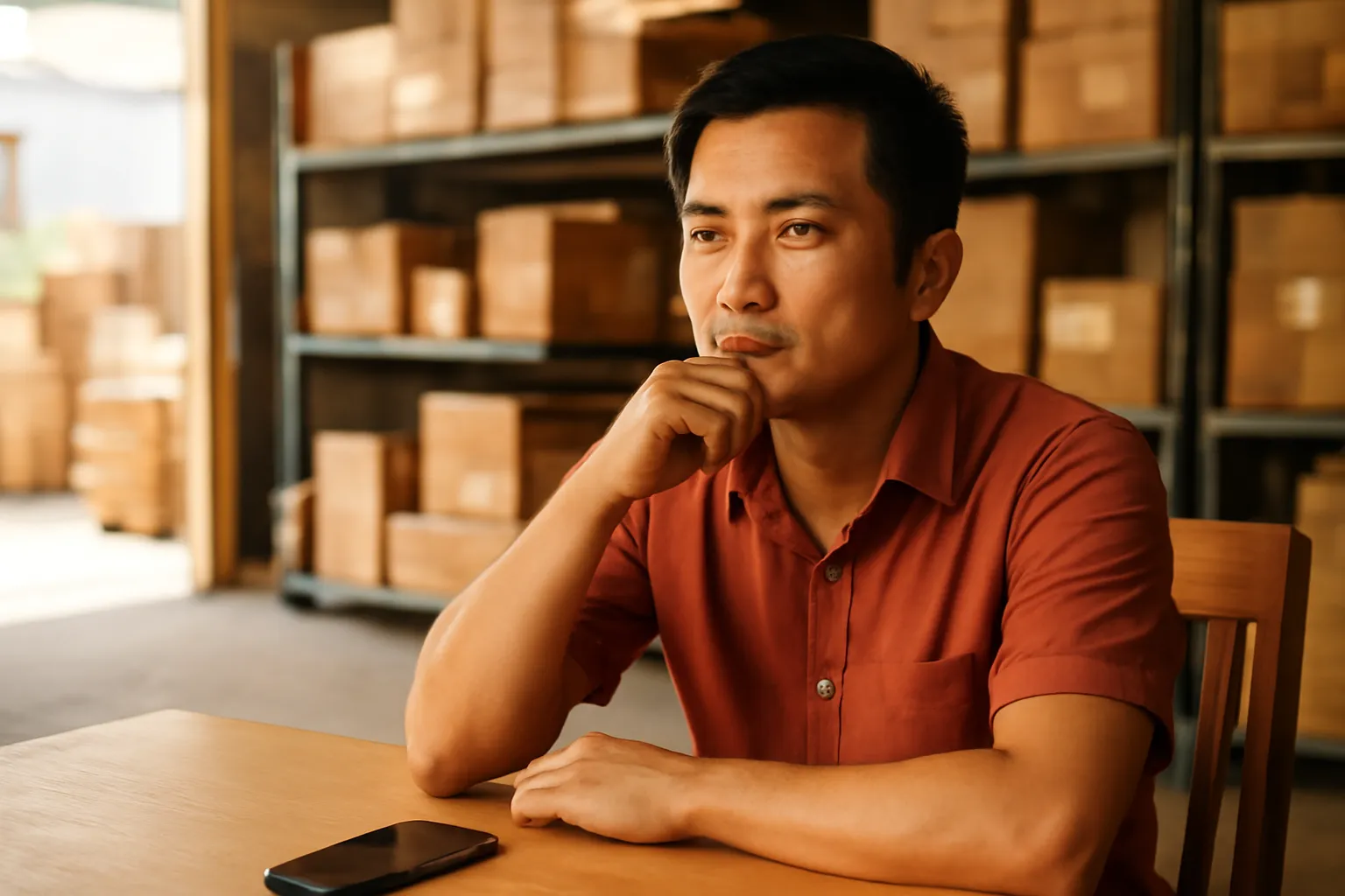 Người đàn ông ngồi bàn làm việc trong kho, điện thoại úp, vẻ trầm ngâm