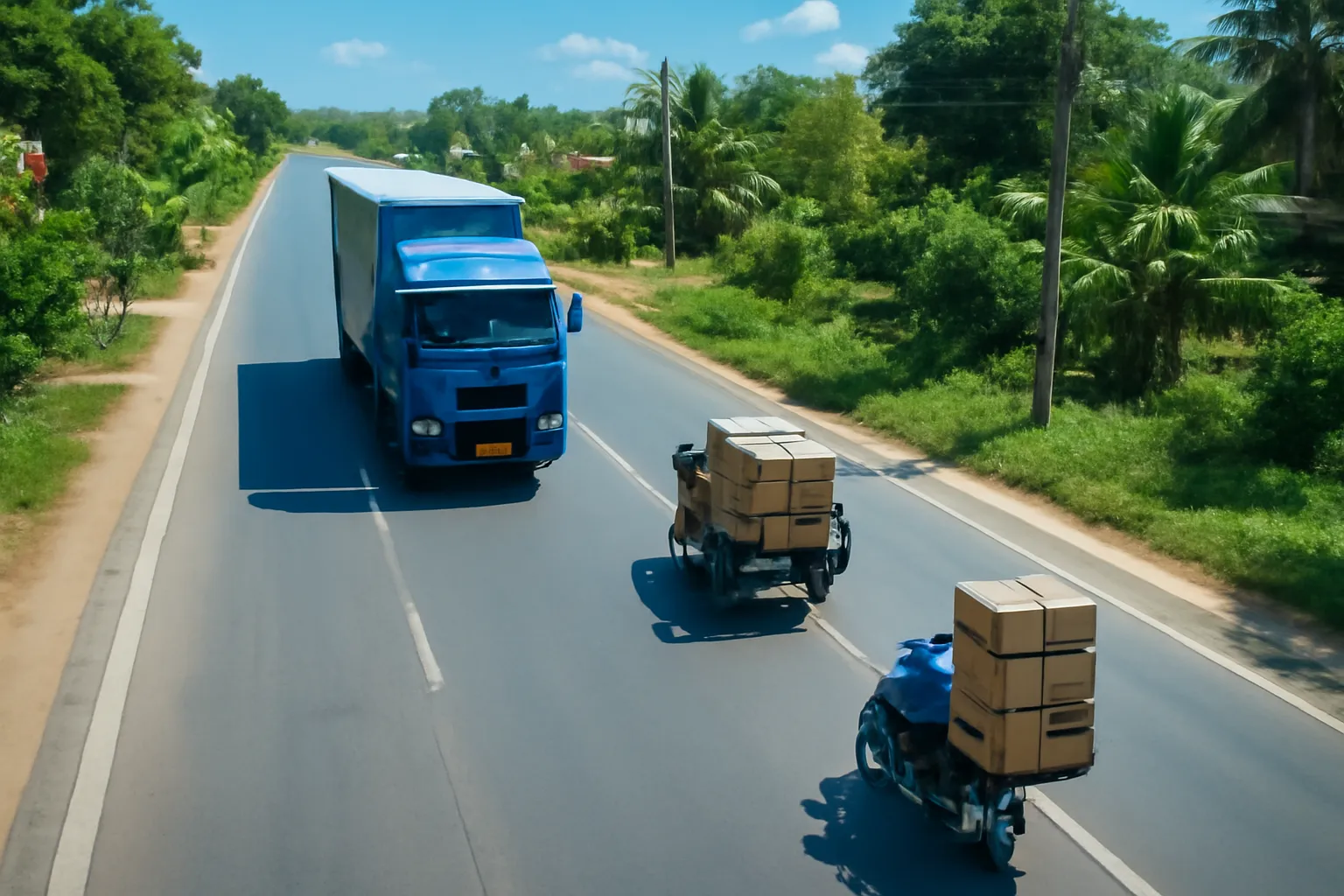 Xe tải lớn, xe ba gác và xe máy chở hàng trên cùng một con đường