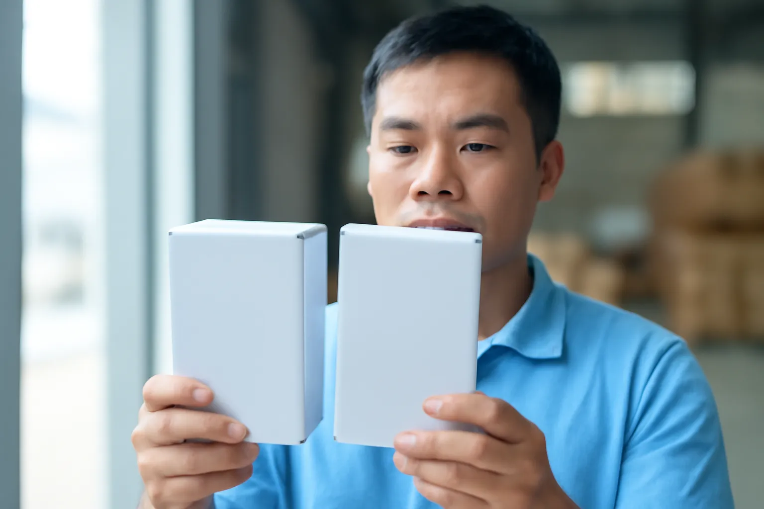 Người buôn cầm hai hộp hàng trơn so sánh dưới ánh đèn cửa kho