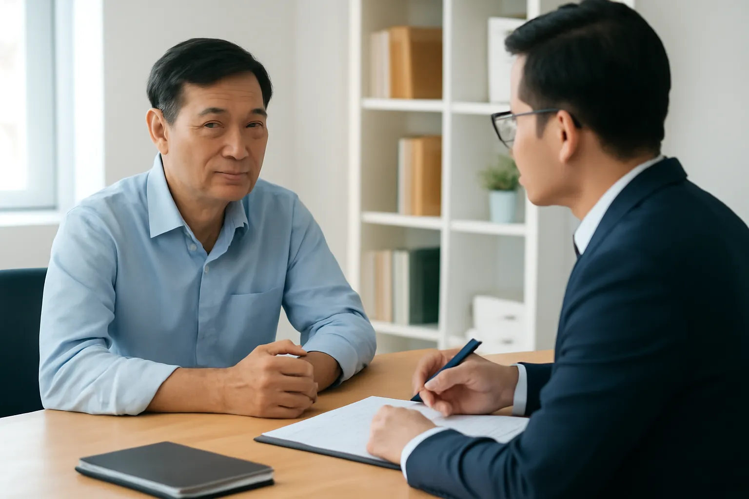 Người đàn ông ngồi trong văn phòng luật sư sáng sủa, bàn gỗ trống