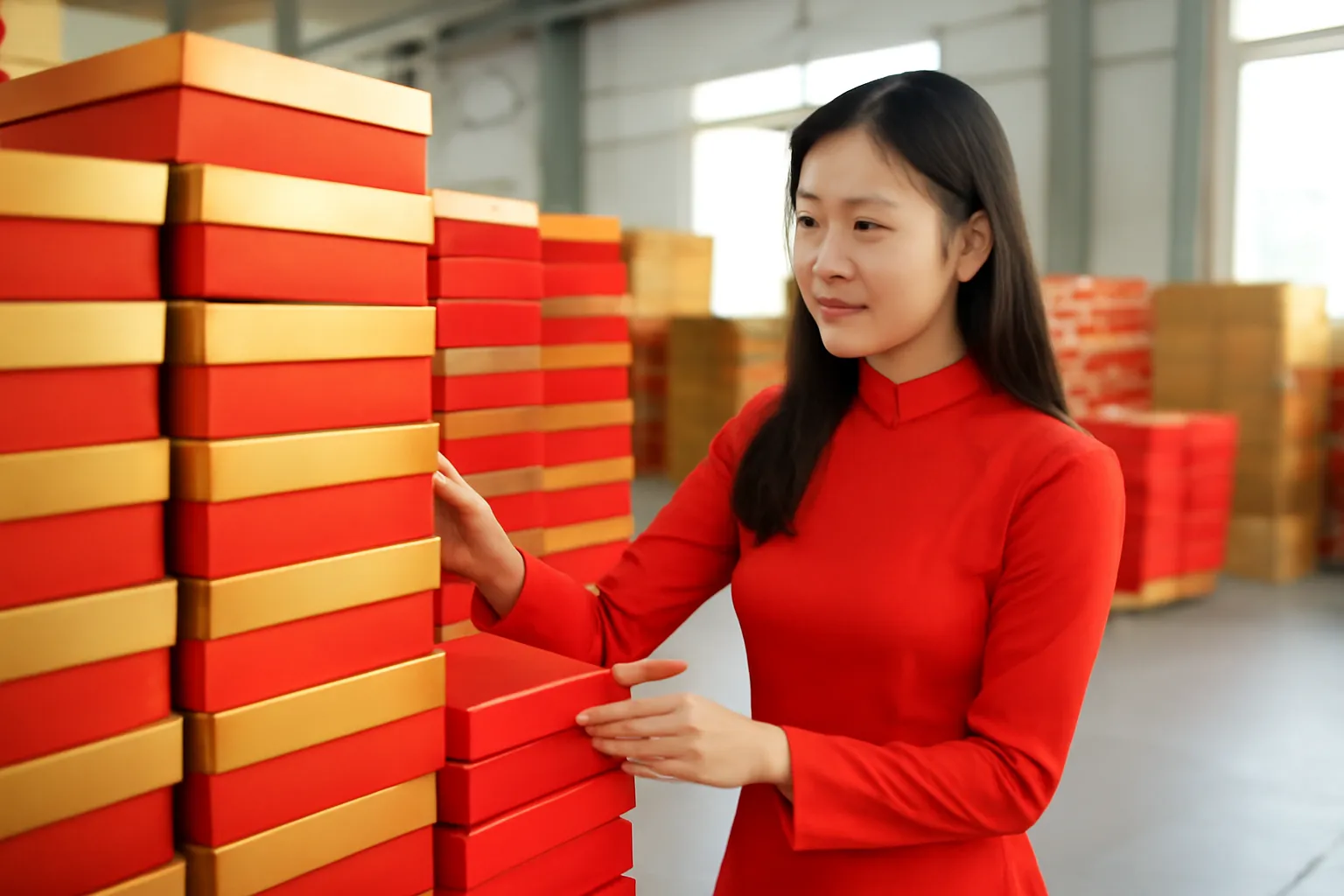 Cô chủ kho kiểm những chồng thùng bánh kẹo màu đỏ vàng trước mùa Tết