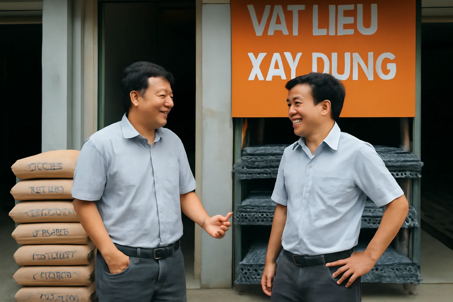 Hai chủ cửa hàng vật liệu xây dựng nói chuyện trước dãy tiệm cạnh nhau
