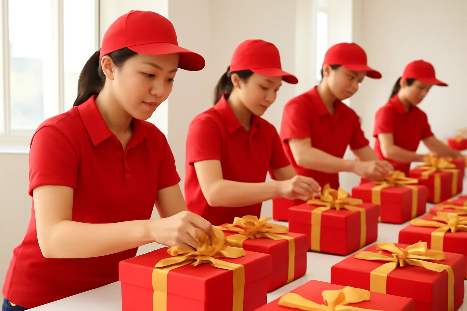 Nhân viên xếp những hộp quà trơn màu đỏ trên bàn dài trong xưởng sáng