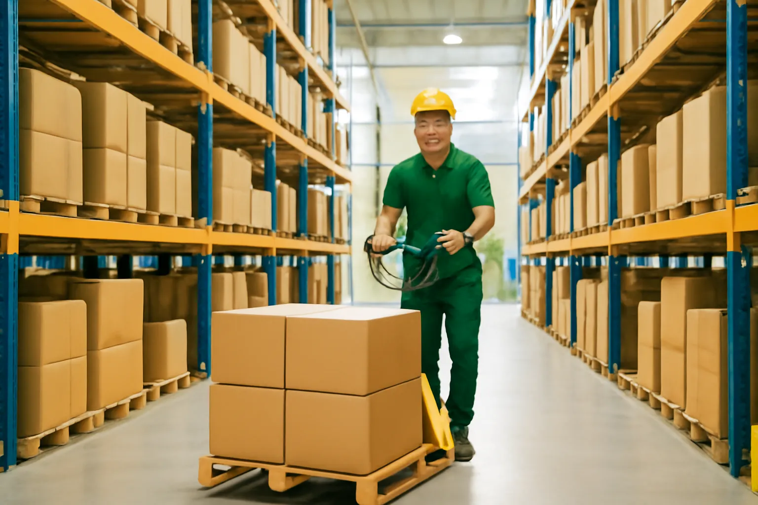 Nhân viên kho đẩy xe nâng tay giữa những dãy kệ cao chất thùng