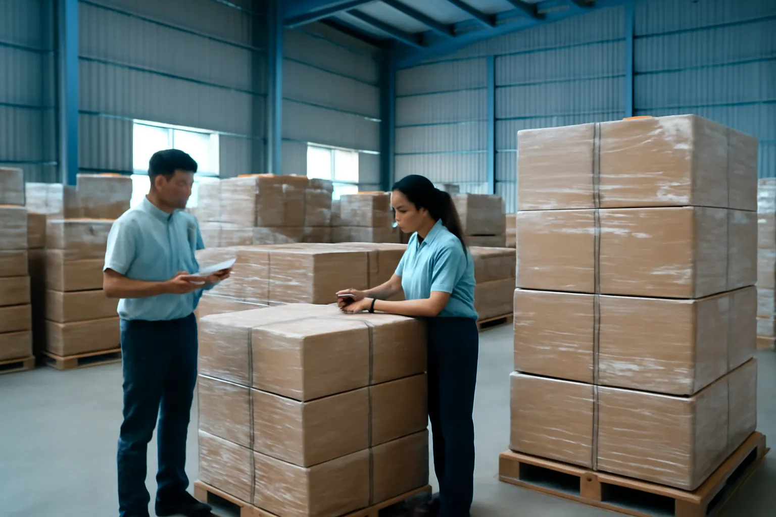 Góc kho chất những thùng hàng trả về quấn màng, hai người đang đếm