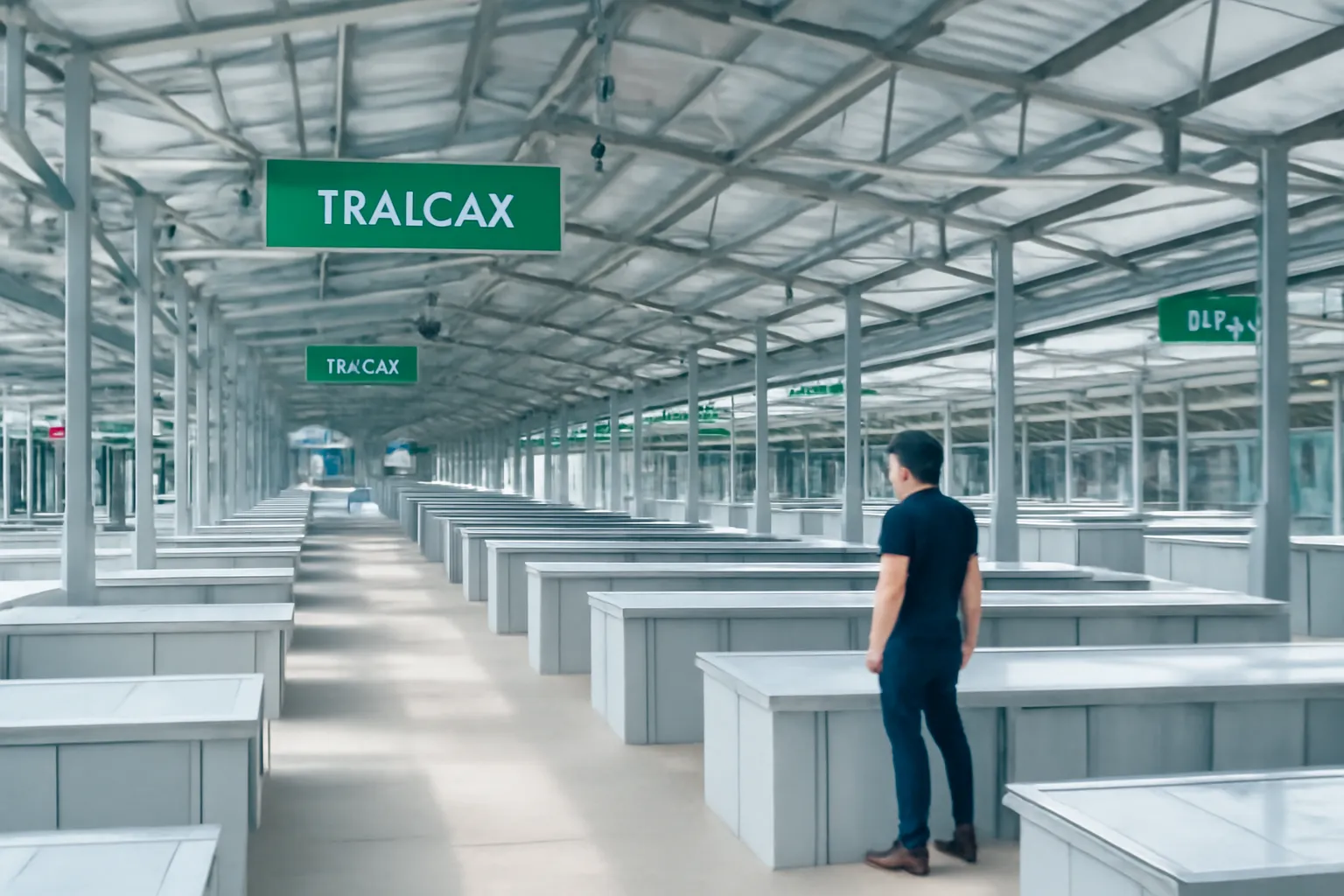 Dãy sạp trống dưới mái tôn cao, người đàn ông đứng quan sát