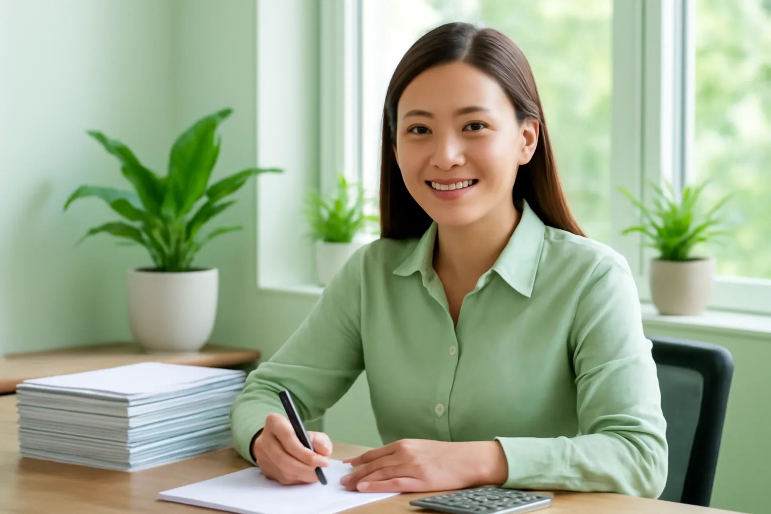 Cô kế toán ngồi bàn gỗ bên xấp chứng từ úp, cửa sổ sáng