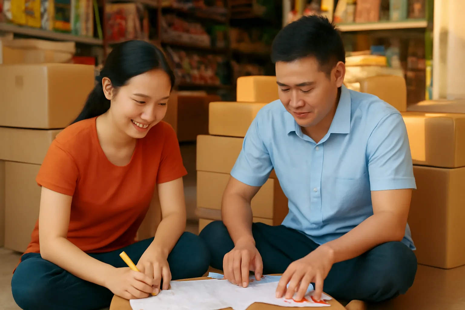 Vợ chồng chủ đại lý ngồi trên sàn cộng sổ bên những thùng hàng