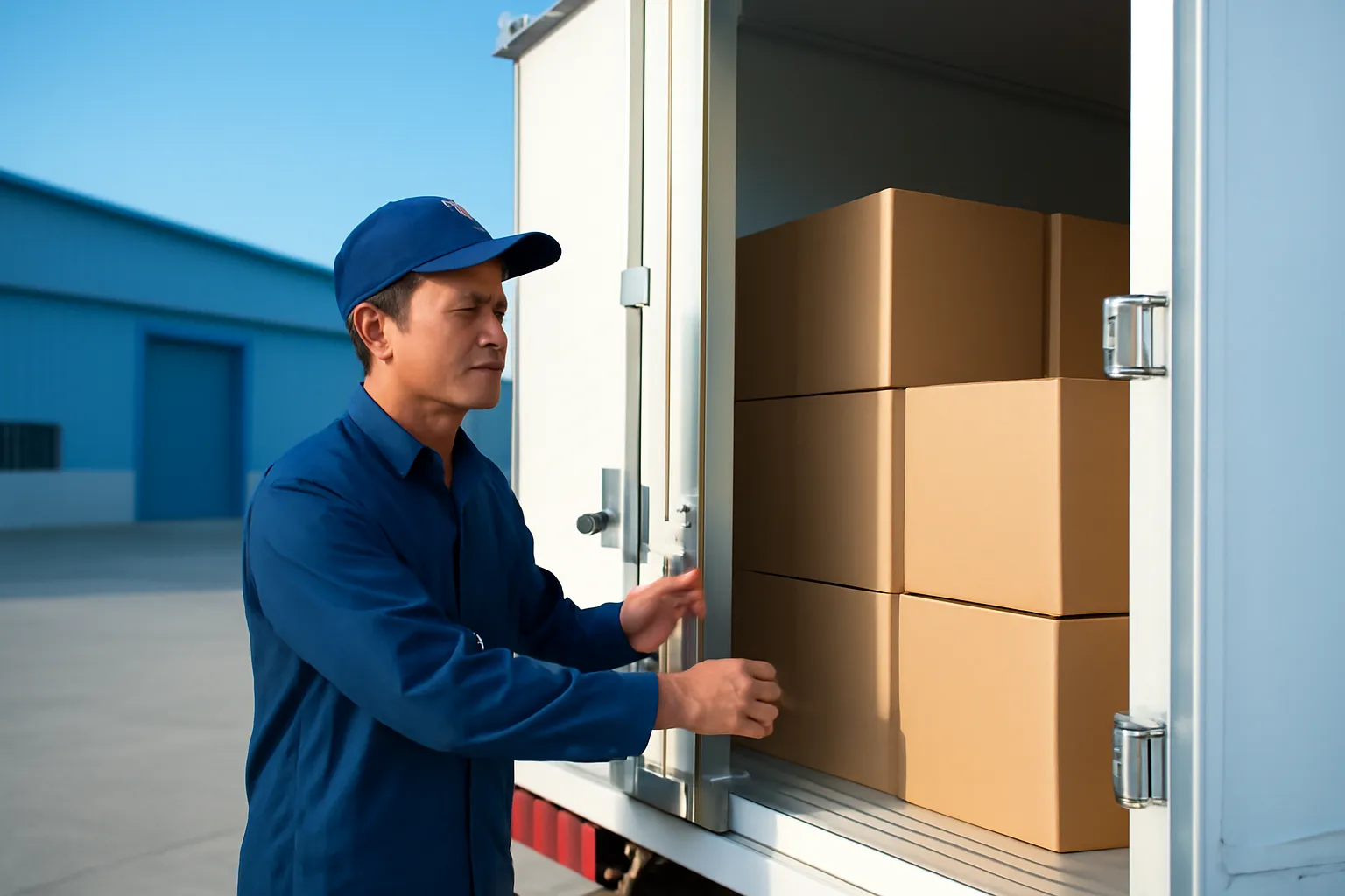 Tài xế trẻ đóng thùng xe tải nhỏ trong sân kho buổi sáng sớm