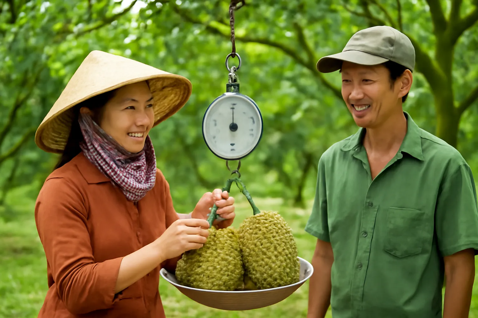 Thương lái cân sầu riêng ở vườn miền Tây cùng người nông dân