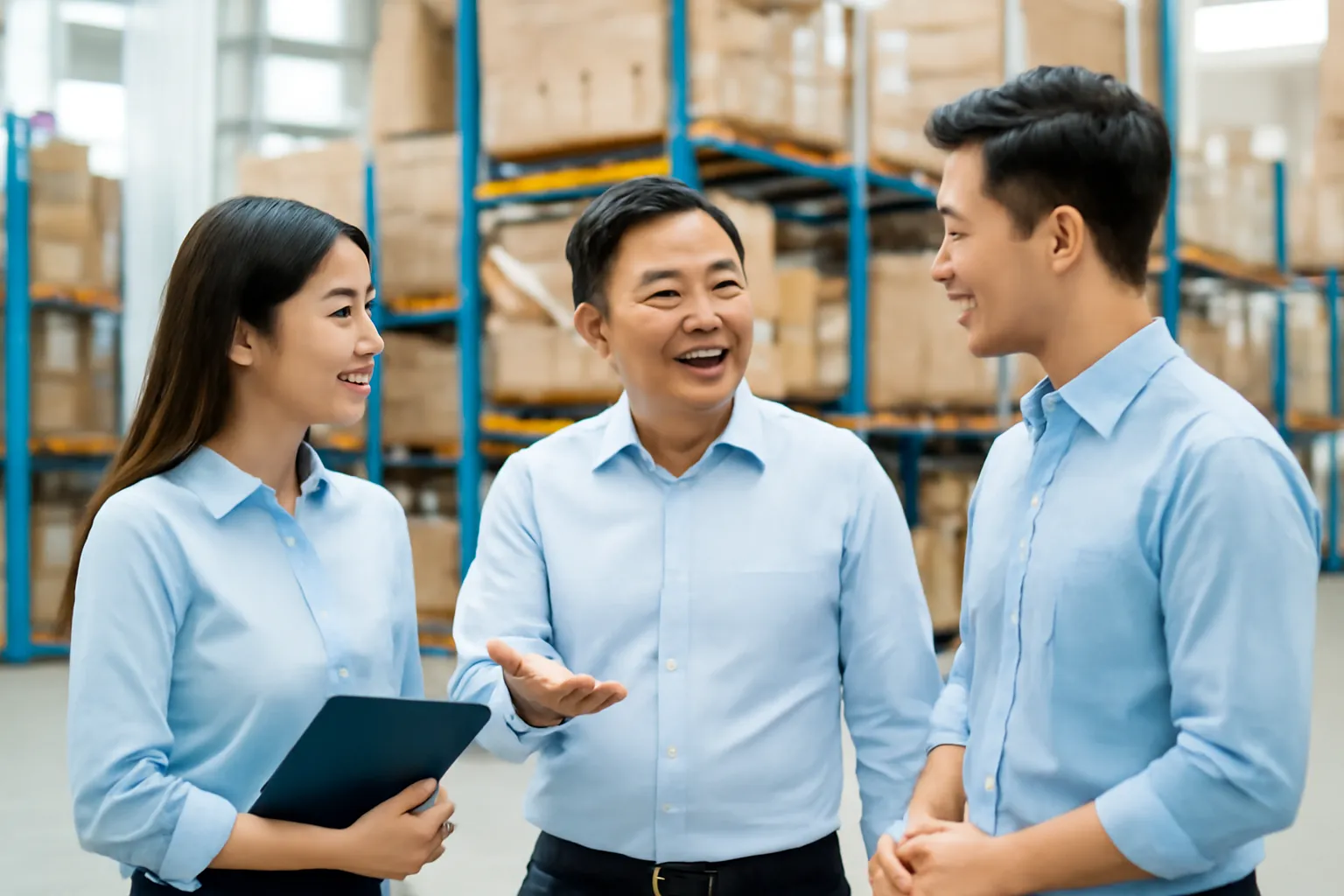 Chủ kho trung niên tiếp hai người đại diện nhãn hàng trong kho sạch sẽ